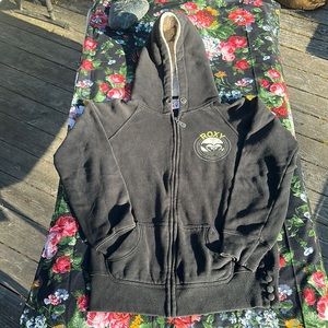 Roxy zip up Hoodie Graphic print front & Back w/Thumb holes Black Size Large